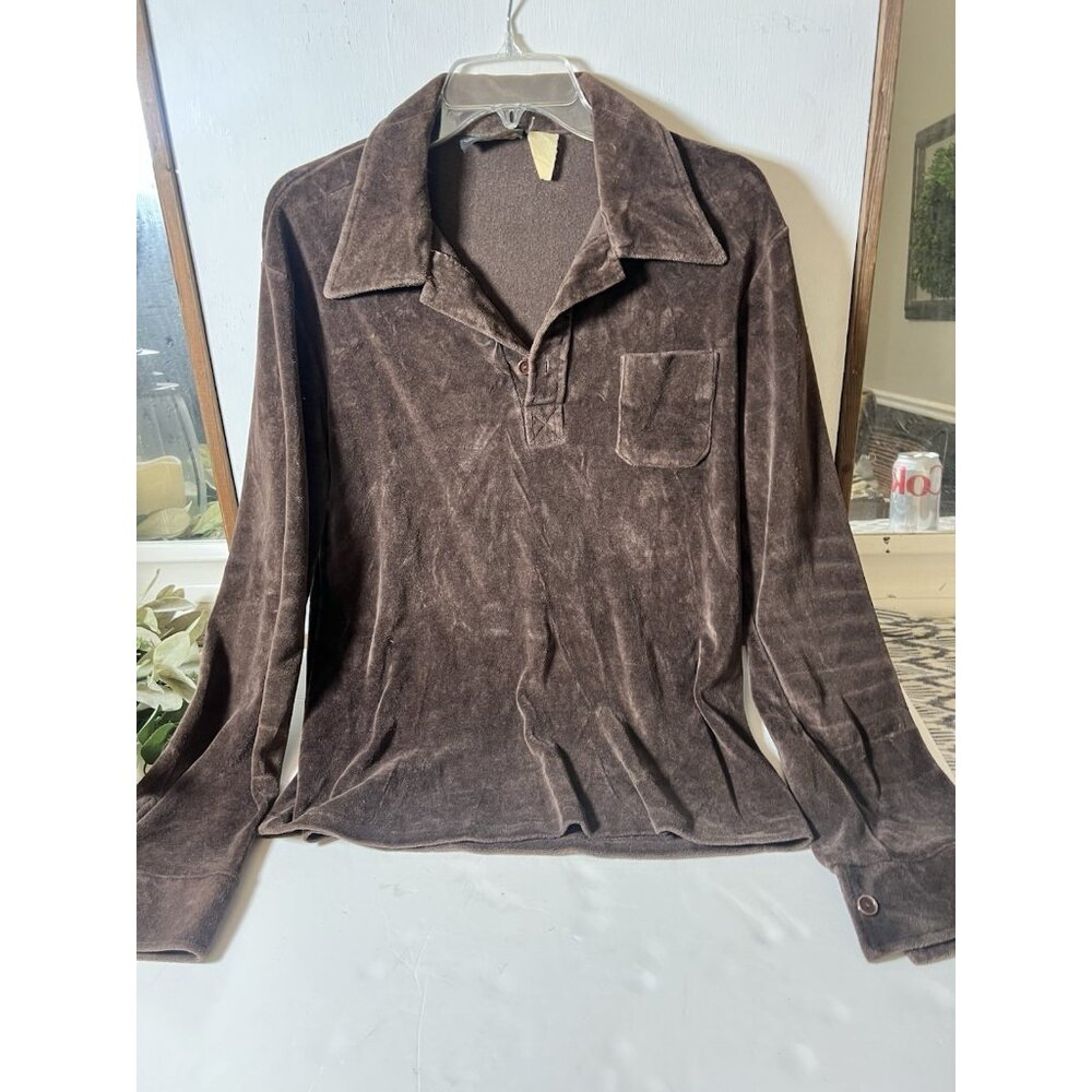 Vintage 1960s Boho Velour Shirt M Brown‎ Long Sleeve Disco Retro Polo.   O